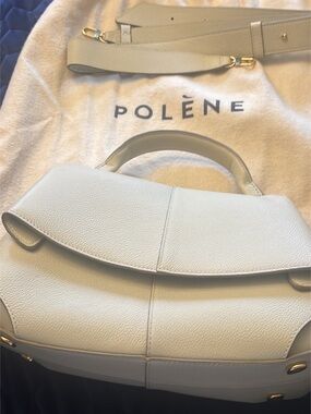 Polène Cream/White Pebbled Leather Top-Handle Satchel with Gold Hardware